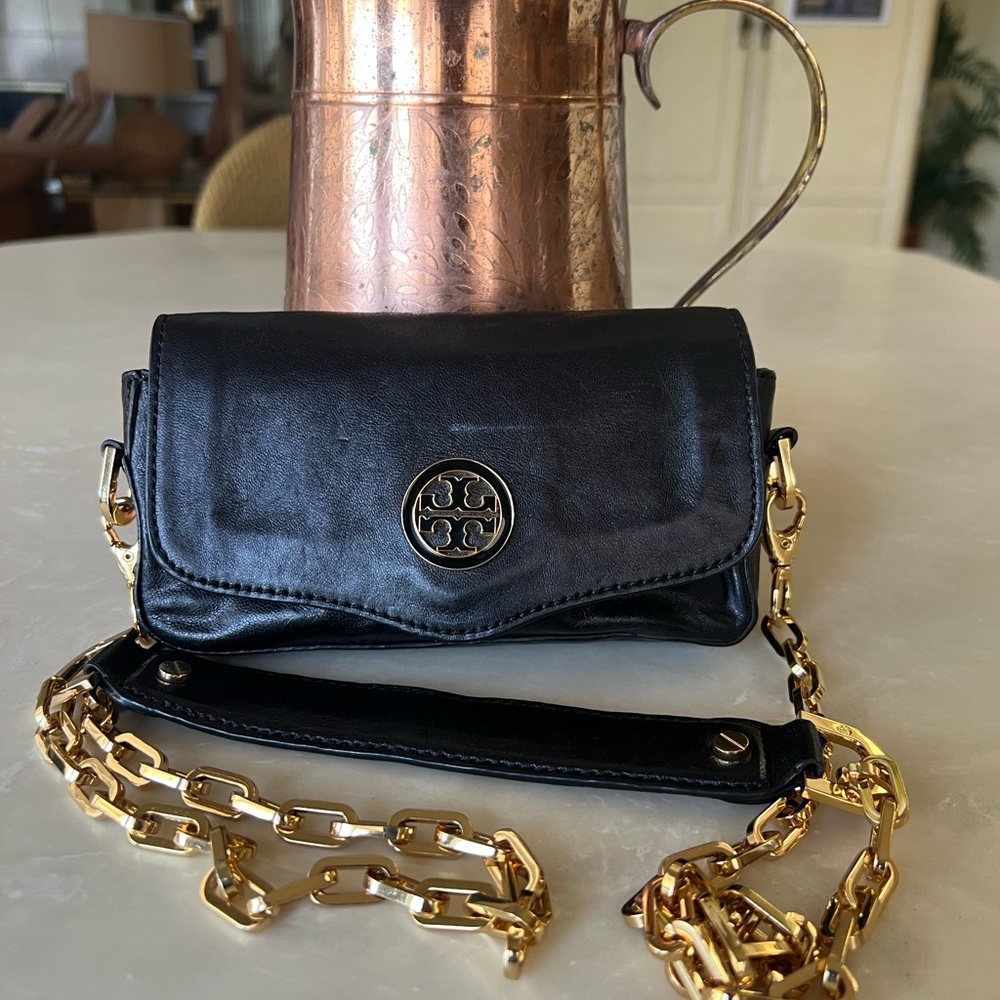 Tory Burch Black Leather Crossbody Bag gold Straps
